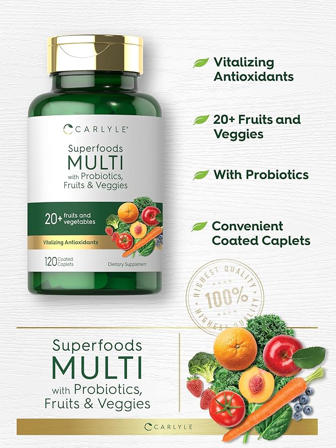 Carlyle Fruits and Veggies Supplement | 120 Count | Superfood Multivitamin with Probiotics | Made with 20 Fruits and Vegetables | Non-GMO & Gluten Free