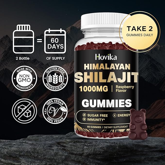 2 Pack Shilajit Gummies 1000mg for Men & Women - Shilajit Gummies with 85+ Trace Minerals, Ashwagandha, Turmeric, Black Pepper - Sugar Free Raspberry Flavor
