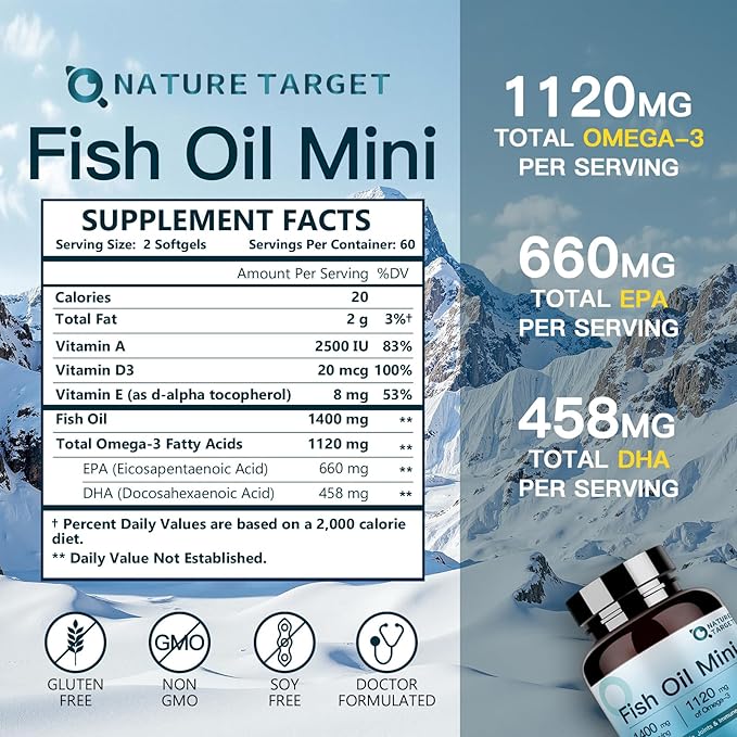 NATURE TARGET Fish Oil Mini 1400mg, High-Potency Omega 3 Supplement with Vitamins A & D3 & E, Supports Heart, Brain, Joints & lmmune System, Non-GMO, 120 Softgels, Wild-Caught