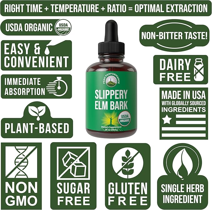 Slippery Elm Bark USDA Organic Vegan Liquid Drops. Extract with High Bioavailability for Women, Men, Kids. for Sore Throat, Irritated Stomach. Zero Sugar, Gluten Free, Tincture Supplement No Capsules