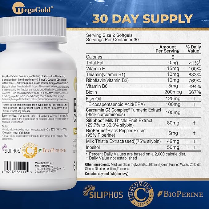 Milk Thistle Supplement with Silymarin, Fish Oil, Vitamin B6, Biotin, and EPA, for Men and Women Liver Health - 60 Count Softgels