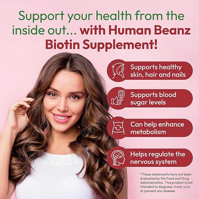 Human Beanz Biotin Jelly Bean Gummy Vitamins, Extra Strength Biotin for Hair, Skin and Nails, 5000mcg per Serving, Hair Growth Vitamins for Men and Women, 120 Strawberry Blast Jelly Beans, Kosher
