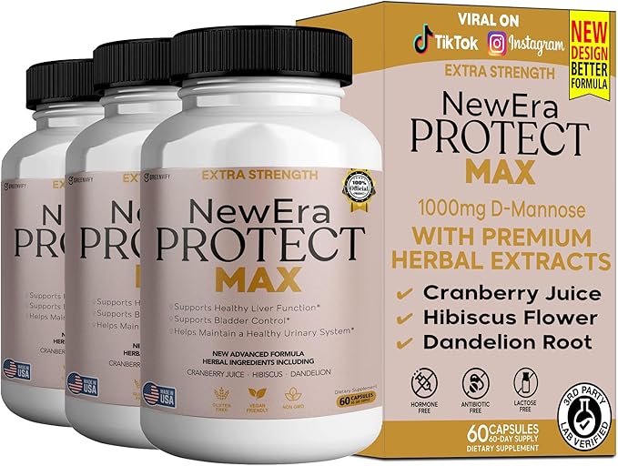 New Era Protect Max Extra Strength Urinary Support Supplement, 60 Veggie Capsules, 1000mg D-Mannose with Cranberry, Hibiscus, Dandelion (3)
