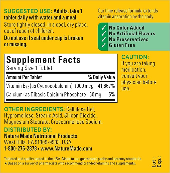 Nature Made Vitamin B12 1000 mcg, B12 Vitamins, Dietary Supplement for Energy Metabolism Support, 75 Time Release Tablets, 75 Day Supply