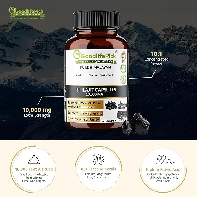 Pure Himalayan Shilajit Capsules.Maximum Strength Natural Shilajit Rich in Trace Mineral & Fulvic Acid.High Altitude Sourcing. Vegan NonGMO 90ct. Extracted Traditionally No Stearate No Rice Flour