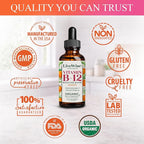 Organic Vitamin B12 1000 mcg Sublingual Liquid Drops For Adults, 6 Months Supply 1 oz, Methylcobalamin & Adenosylcobalamin - Bioactive Blend for Energy, Clarity & Focus - Vegan, Non-GMO, Orange Flavor