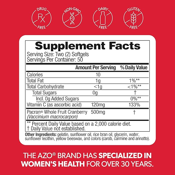 AZO Cranberry Supplement, Made with Concentrated Whole Fruit Cranberry Powder to Help Cleanse and Protect the Urinary Tract*, Sugar Free Cranberry Pills, Non-GMO, 100 Softgels