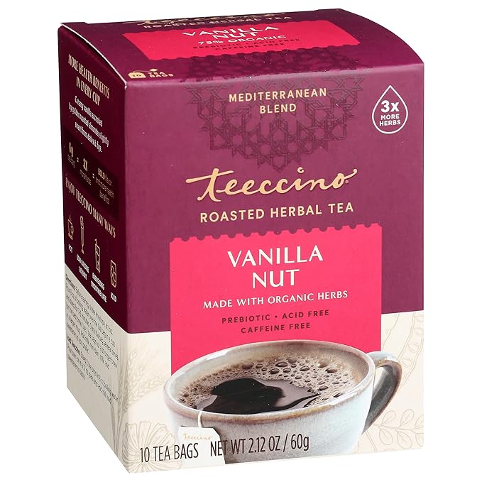 Teeccino Vanilla Nut Herbal Tea - Rich & Roasted Herbal Tea That’s Caffeine Free & Prebiotic for Natural Energy, 10 Tea Bags (Pack of 6)