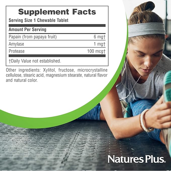NaturesPlus Papaya Enzyme - 180 Chewable Tablets - Digestive Aid Supplement with Amylase & Protease - Helps Reduce Gas, Bloating, Stomach Upset & Discomfort - Vegan, Gluten Free - 180 Servings