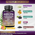 Quercetin with Bromelain, Elderberry, Vitamin C, D3 and Zinc. Super Immune Support Supplement. Organic Complex for Men & Women, Non-GMO, Gluten-Free, Vegan, USA (120 Capsules)