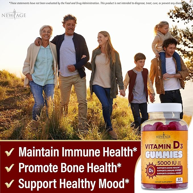 NEW AGE Vitamin D3 5000 IU 125mcg Gummies - Immune Supplement - Non-GMO, Gluten-Free, Dairy-Free, No Gelatin (180 Gummies (Pack of 3))