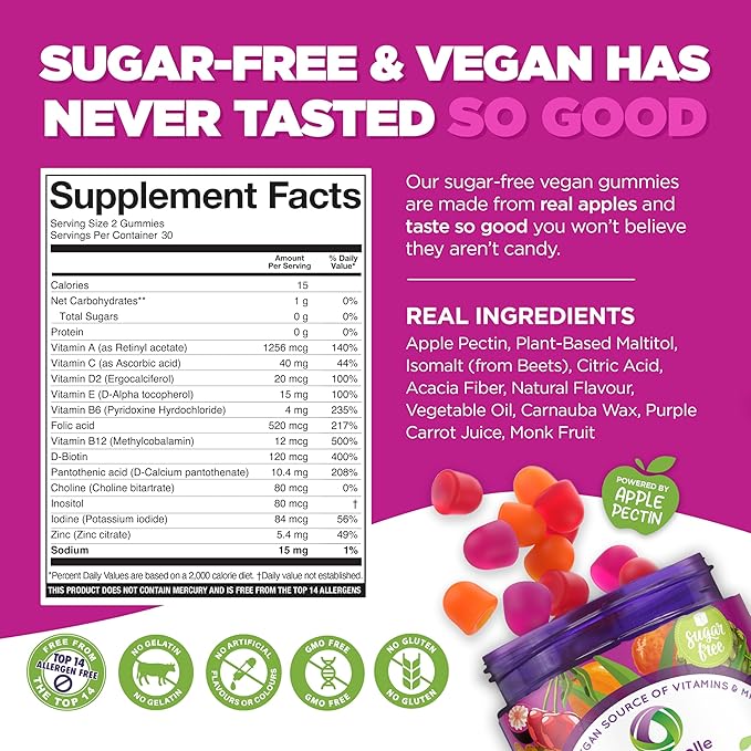 NUTRAMIN Daily Vegan Keto Multivitamin Gummies Non-GMO Natural Vitamin C, D + Zinc for Immunity, Plant-Based, Sugar-Free, Nut-Free, Gluten-Free, Biotin, Vitamin A, B, B6, B12 & More 45 Days (90 Count)