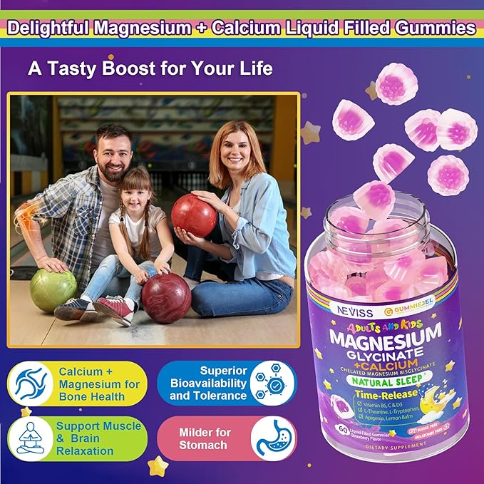Neviss Magnesium Glycinate + Calcium Filled Gummies for Adults and Kids 4+, Kids Sleep Gummies Melatonin Free, Sugar Free Magnesium Supplement with B6 D3, L-Theanine for Zzz & Relax, Brain,Bone,Muscle