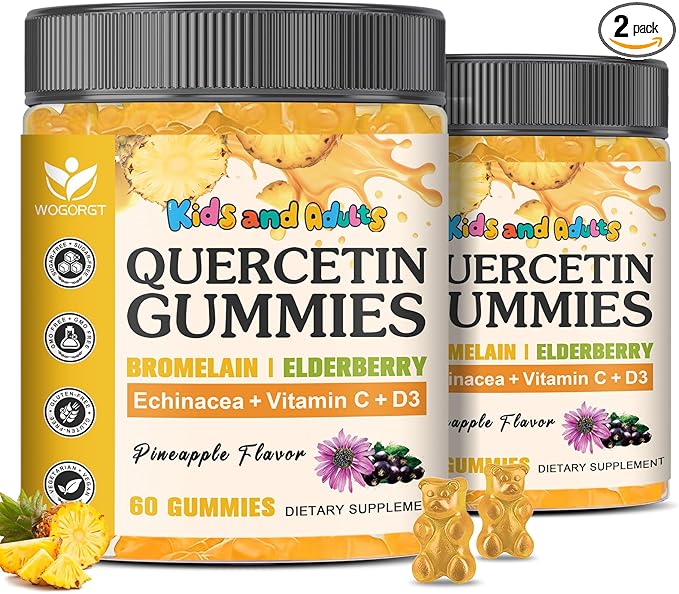 Quercetin Gummies with Bromelain for Adults & Kids - 800mg Quercetin with Bromelain, Elderberry, Vitamin C, D3 - Immune, Seasonal Wellness Support - Sugar Free, Vegan, Pineapple Flavor, 60 Ct (2 Pack)