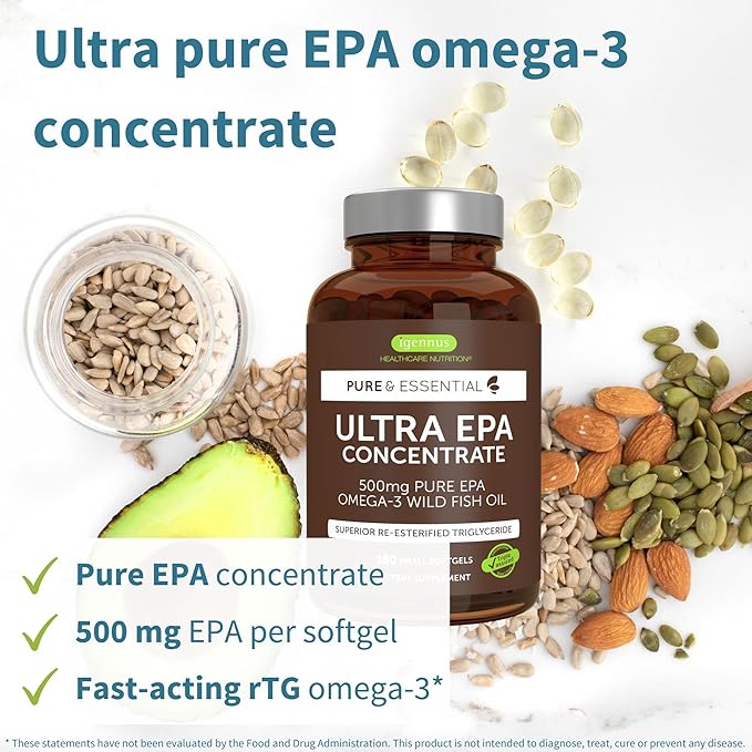 Igennus Ultra Pure Omega-3 EPA 500mg, Highly Concentrated IFOS Certified Wild Fish Oil, Advanced rTG Triglyceride Form, Non-GMO, 180 Small Softgels