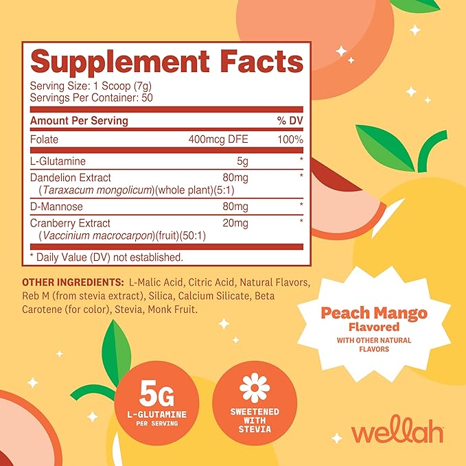 Wellah L-Glutamine Peach Mango (50 Servings) - 5g L-Glutamine Per Serving, Sweetened with Stevia