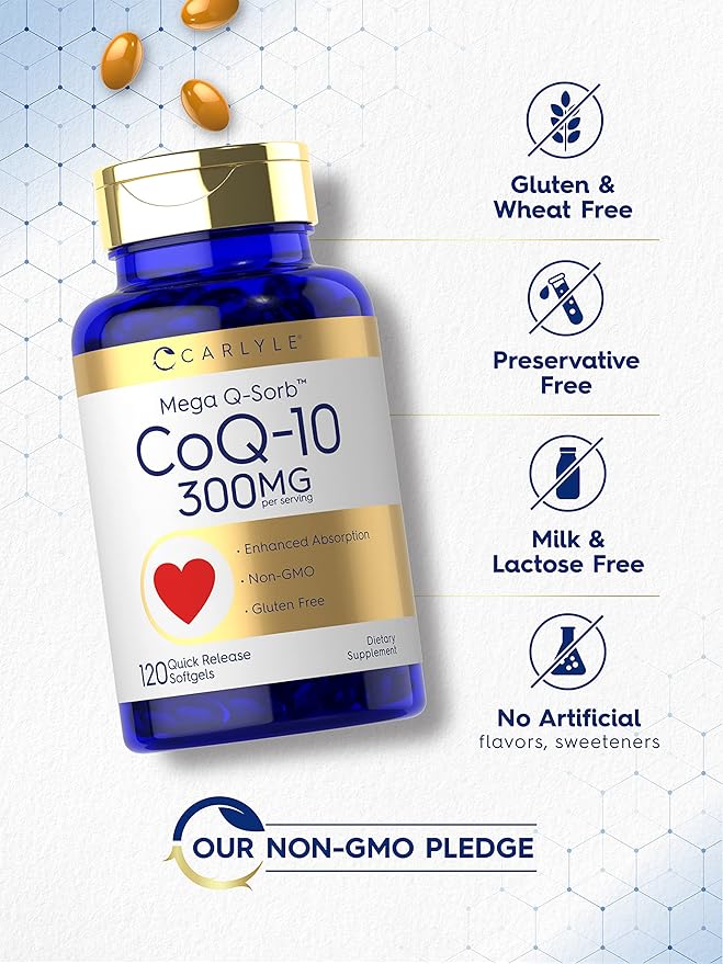 Carlyle CoQ10 300mg | 120 Softgels | Mega Q-Sorb Coenzyme Q-10 | with Black Pepper Extract | Non-GMO, Gluten Free Supplement