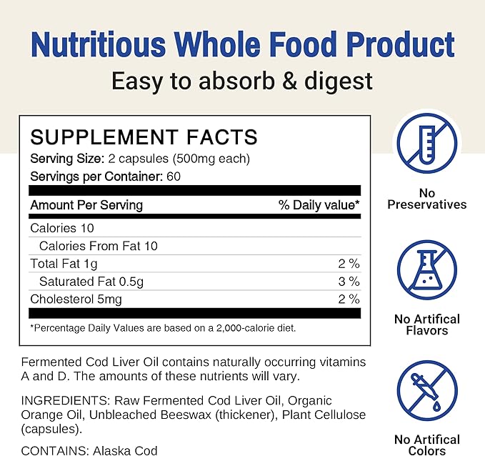 Green Pasture Fermented Cod Liver Oil - Orange Flavor, Wild Alaska Cod, Vitamins A & D, Omega-3-6-9, MSC Certified, 120 Capsules