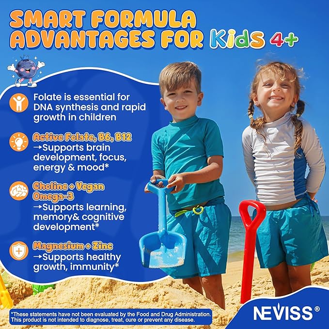 L Methylfolate 1000mcg for Kids Teens Gummies + Methyl B6 B12, Active 5-Mthf Methyl Folate, MTHFR Supplement w/ Choline Omega-3 Magnesium Zinc for Focus Cognition Mood Energy, Sugar Free, Vean, 120Cts