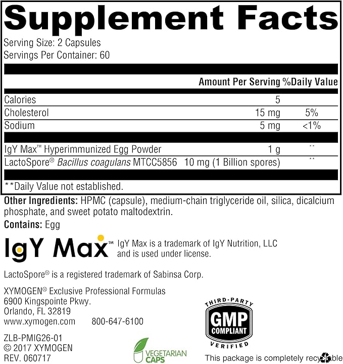 XYMOGEN ProbioMax IG 26 - Immunized Egg Powder & Bacillus Coagulans - Digestive Health Support - Vegetarian, Gluten-Free & Non-GMO - 120 Capsules