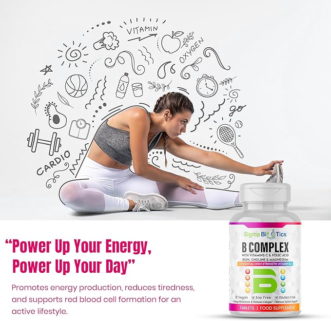 B Complex with Vitamin C, Folic Acid, Iron, Choline & Magnesium - Advanced High Potency B1, B2, B3, B5, B6, B7, B9, B12 - Energy & Nervous System Support - Vegan, Non-GMO 120 Tablets
