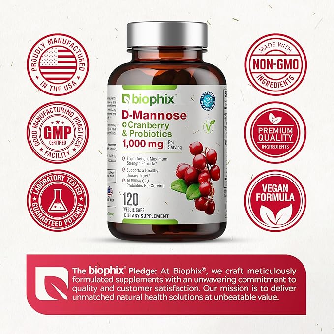 biophix D-Mannose Plus Cranberry Probiotics 1000 mg 120 Vcaps - Free Vitamin C-1000 30 Tablets - Supports Urinary Bladder Tract Health and Digestive Well Being
