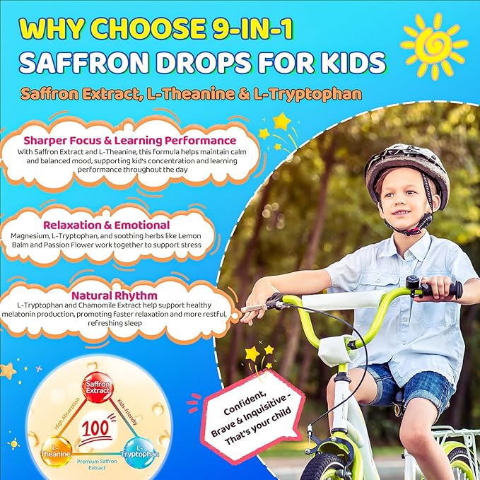 Liposomal Kids Saffron Drops – Organic Saffron Extract Liquid with Holy Basil, Passion, L-Theanine for Focus, Energy Support, Well-Being, Easy to Take Saffron Supplements for Kids, Vegan, 2 FL OZ