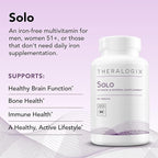 Theralogix Solo Multivitamin & Multimineral Supplement Without Iron - 90-Day Supply - Iron-Free Multivitamin - Support for Women & Men - Vitamin D3, Vitamin C & B Vitamins - NSF Certified - 90 Tablets