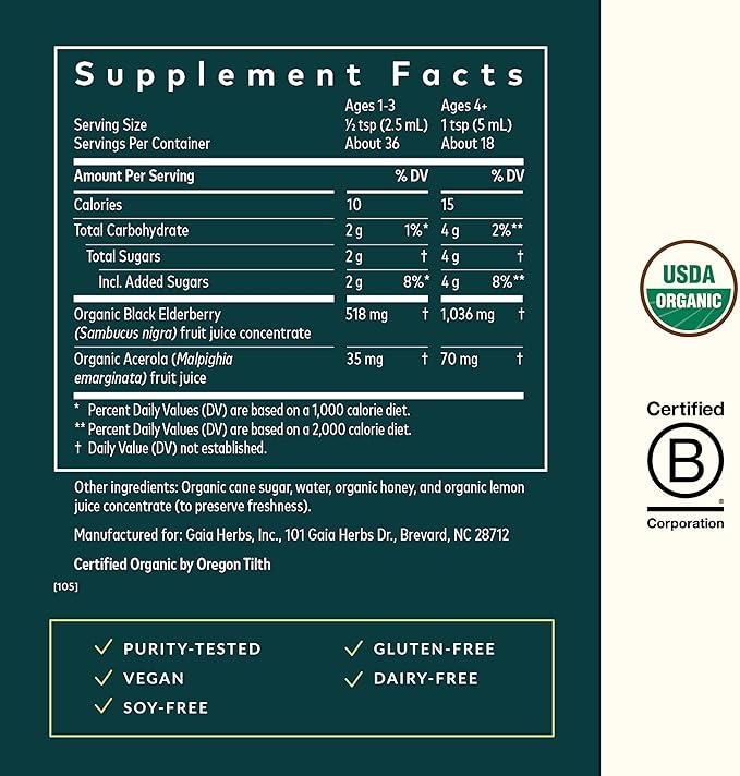 Gaia Herbs Black Elderberry Syrup Kids Daily - Delicious Immune Support Supplement for Kids* - Organic Black Elderberries & Honey - USDA Certified Organic Syrup - 3 Fl Oz (About 18 to 26 Servings)
