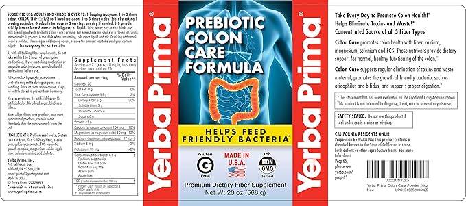 Yerba Prima Prebiotic Colon Care Formula, 20 oz Powder with FOS - Natural Psyllium Fiber, Magnesium, Selenium - Non-GMO, Gluten Free, Vegan Daily Supplement - for Men & Women (2)