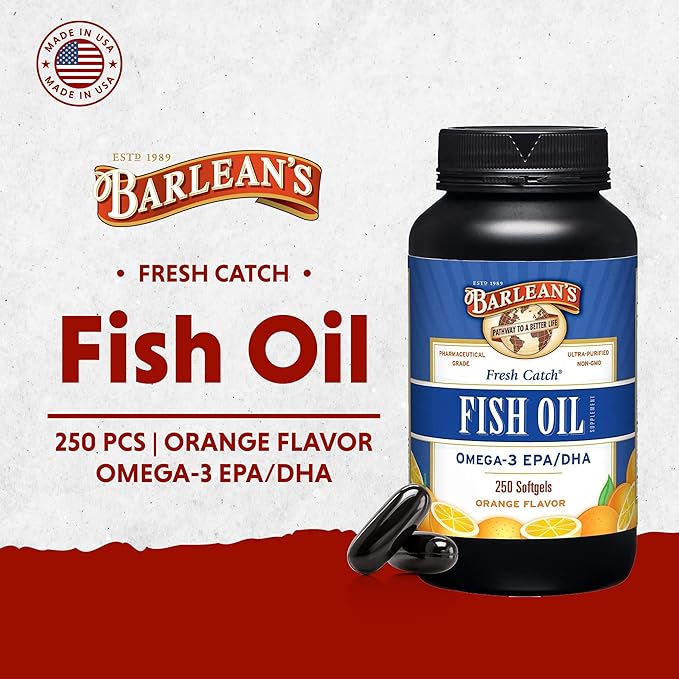 Barlean's Omega 3 Fish Oil Supplements, 600mg Fish Oil Pills with EPA & DHA, Softgels for Joint, Brain, & Heart Health, Orange Flavored, 250 Count