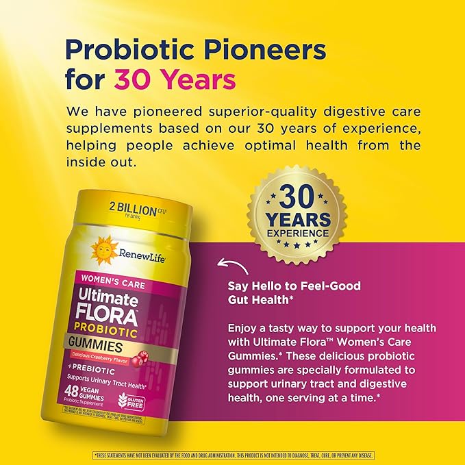 Renew Life Women's Care Cherry Prebiotic and Probiotic Gummies, Digestive, Urinary Tract and Immune Health, B. Coagulans and B. Subtilis, Dairy, Soy and gluten-free, 2 Billion CFU 48 Count