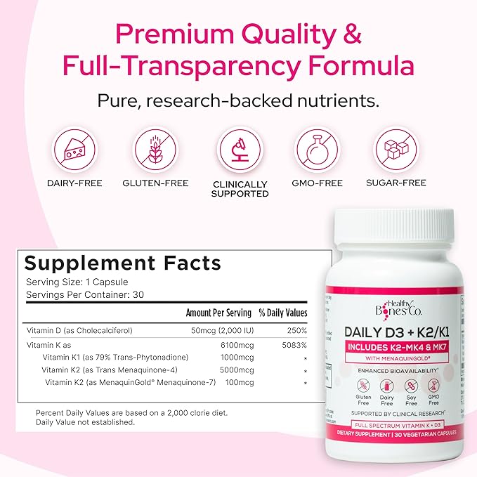 Premium D3 K2 - Full Spectrum Vitamin D3 K2, 2000 IU D3 + MK7 + MK4 + K1, Daily D3 K2 & K1 Supplements - Vitamin D Supports Calcium Absorption for Strong Bones & Immune Health - 30 Capsules