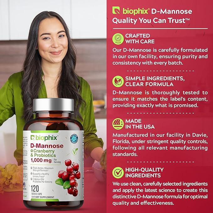 biophix D-Mannose Plus Cranberry Probiotics 1000 mg 120 Vcaps - Free Vitamin C-1000 30 Tablets - Supports Urinary Bladder Tract Health and Digestive Well Being
