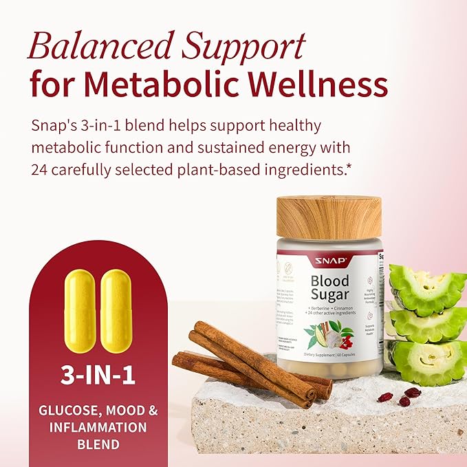 Snap Supplements Blood Sugar Blend with Berberine, CoQ10, Cinnamon, and Gymnema to Support Already Healthy Blood Sugar, Metabolic Health and Energy, Sugar Free, 60 Capsules (Packaging May Vary)