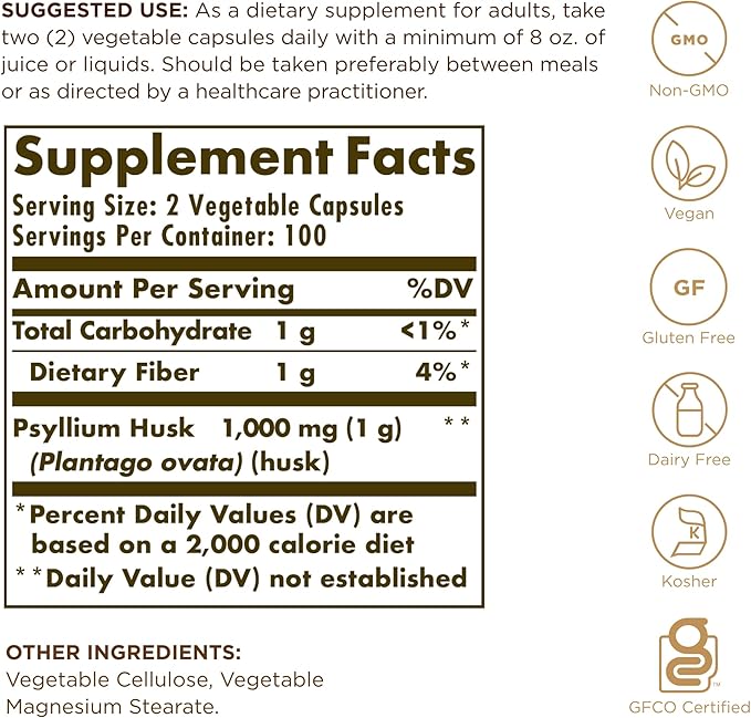 Psyllium Husks Fiber Solgar 200 VCaps