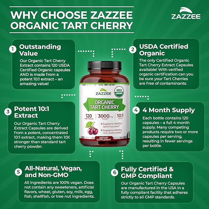 Zazzee USDA Organic Tart Cherry 10:1 Extract, 120 Vegan Capsules, 4 Month Supply, Montmorency Cherry, Daily Wellness Antioxidant Support, Organic Herbal Supplement, All-Natural, Non-GMO, Made in USA
