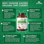 Zazzee USDA Organic Tart Cherry 10:1 Extract, 120 Vegan Capsules, 4 Month Supply, Montmorency Cherry, Daily Wellness Antioxidant Support, Organic Herbal Supplement, All-Natural, Non-GMO, Made in USA