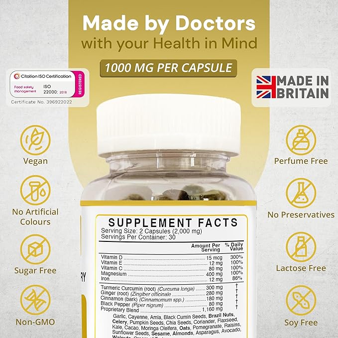 Strength & Spices Bone, Muscle & Joints 100% Natural Supplement – 28 Ingredients w Turmeric - 60 Vegan UK Made 1000mg Capsules – Mobility and Flexibility Support
