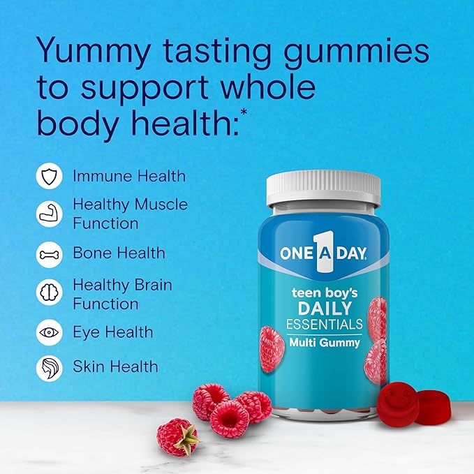 ONE A DAY Teen Boy’s Daily Essentials Multivitamin Gummies,Teen Boy Vitamins with Vitamin C,Vitamin D,Bone Health,Immune Health,Raspberry Natural Flavor,120 Gummies,(Pack of 2)