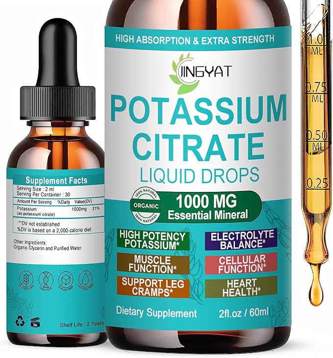 Potassium Supplement Liquid Drops, High Absorption Potassium Citrate 1000mg for Muscle Heart Electrolyte Balance and Normal pH Support*, Essential Mineral Drops, Non-GMO, 30 Servings