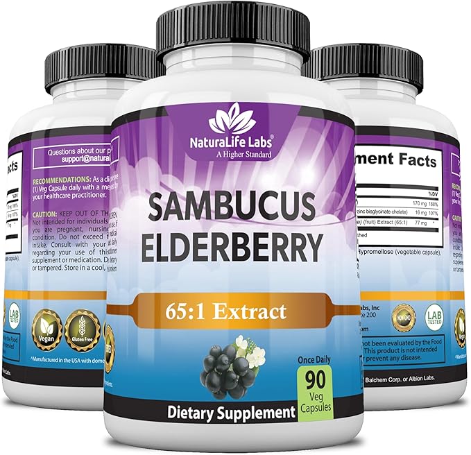NaturaLife Labs Sambucus Elderberry Capsules – with Vitamin C & Zinc – Immune Support Supplement – 90 Vegan Capsules – Non-GMO & Gluten-Free