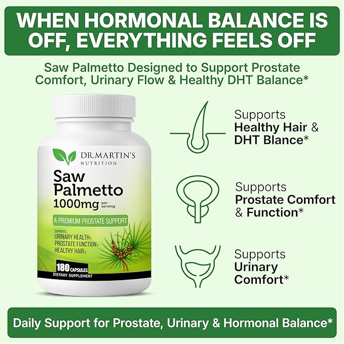 USA Grown Saw Palmetto | 180 Capsules Prostate Health Supplement | Hair Growth for Men & Women | Support to Help Maintain Normal Urination Frequency & Natural DHT Blocker to Help Prevent Hair Loss