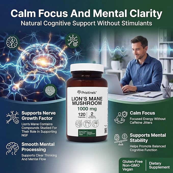 PRISTINE'S Lion's Mane Mushroom Supplement Capsules - Focus & Cognitive Function Adaptogen - 1000mg 60 Day Supply - Immunity, Memory and Focus for Adults - Vegan - Non-GMO Glass Bottle