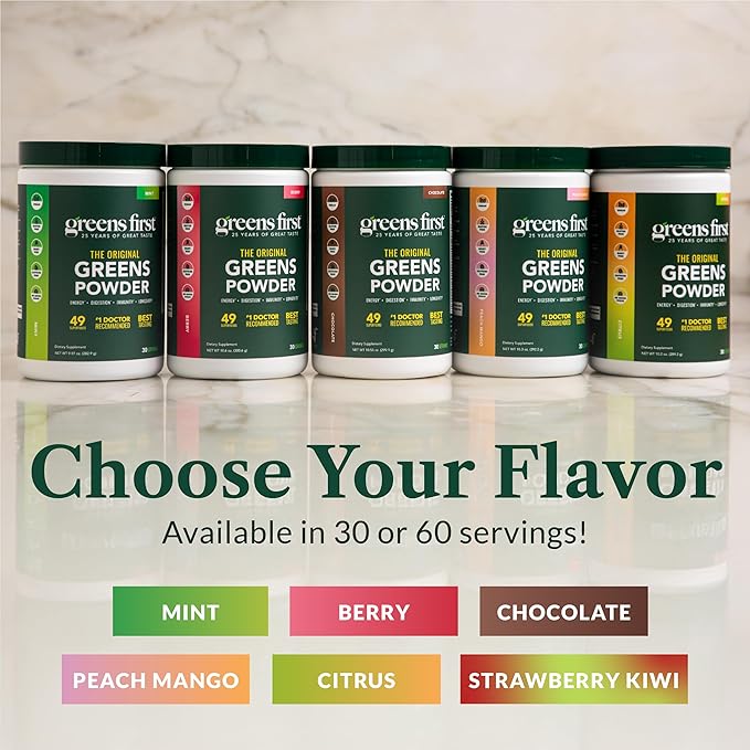 Greens First Original Greens Powder - 49 Superfoods - Organic Fruits & Veggies - Prebiotics, Probiotics & Digestive Enzymes - Antioxidant - Dairy Free/Vegan/Non-GMO (Strawberry Kiwi, 60 Servings)