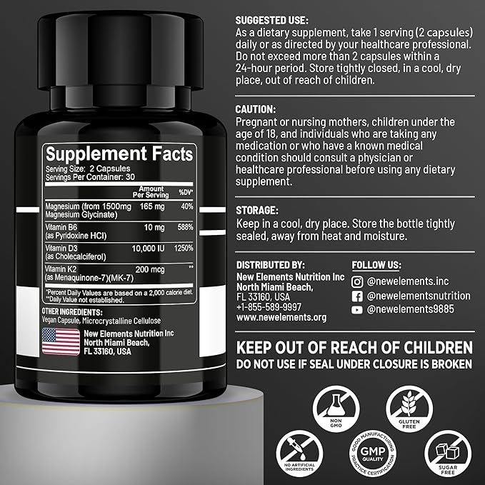 Vitamin D3 K2 with Magnesium Glycinate with Vitamin B6 for Enhanced Absorption | Magnesium 1500mg | D3 10,000 IU | K2 (MK7) 200mcg | Vitamin B6 10mg | Immunity | Heart & Nerve Support | Vegan, Non-GMO