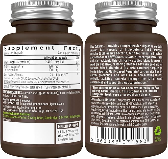Igennus Probiotics & Prebiotic, Lactobacillus Acidophilus & Bifidobacterium, Live Cultures+ Lab4, Guaranteed 25 Billion CFU, for Women & Men, Non-Bloating Gut Health Support, Non-GMO, 6 x 30 Capsules