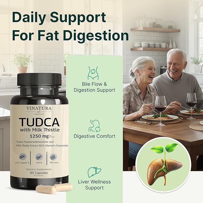 VINATURA TUDCA Milk Thistle 1250mg - Tudca Supplement, Tudca Bile Salts, Liver Support, Gallbladder Supplements *USA Made and Tested* Bile Salts Supplement - 90 Capsules