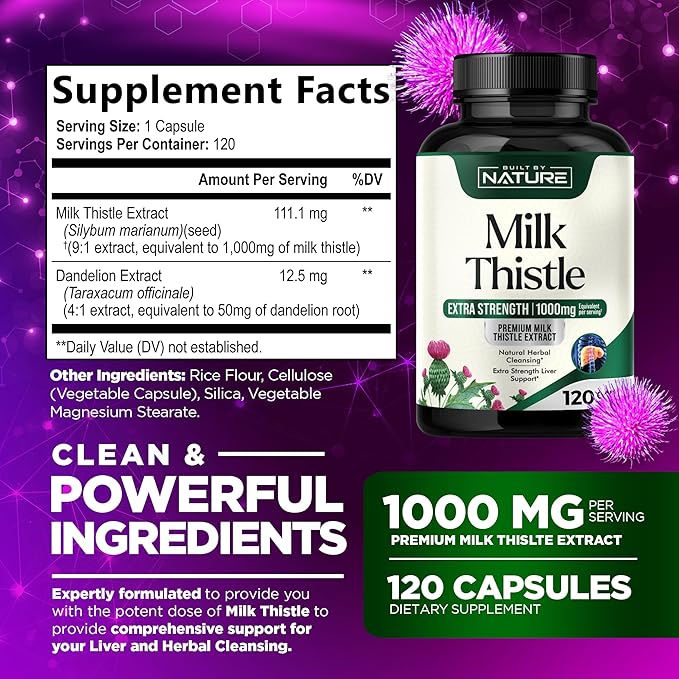 Built by Nature Milk Thistle Liver Detox Supplement with Silymarin Extract & Dandelion Root – Gentle Herbal Liver Cleanse for Men & Women - Liver Health Support - Non-GMO - 120 Veggie Capsules