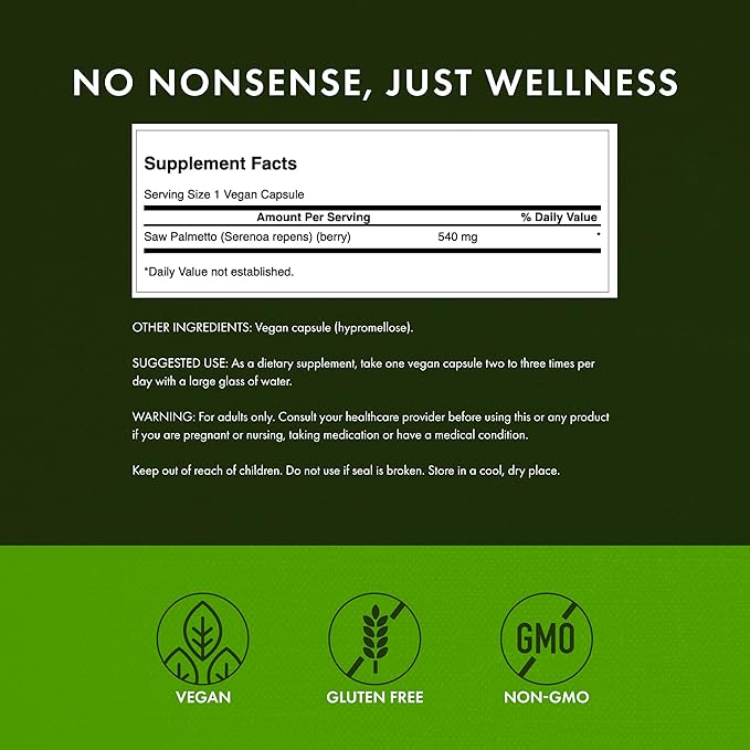Swanson Saw Palmetto Full Spectrum Herbal Supplement for Men Seeking Prostate, Hair, and Urinary Health Support - 540 mg (100 Vegan Capsules)